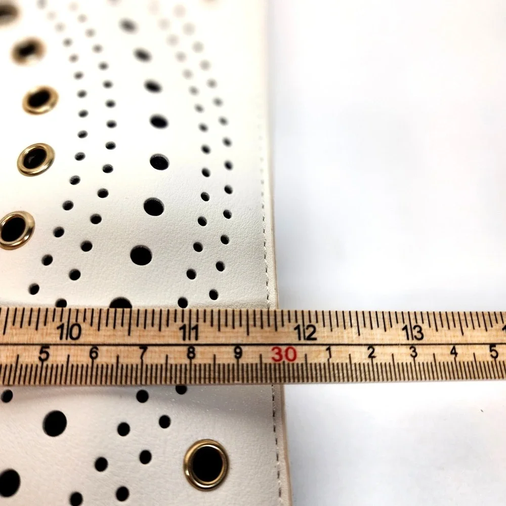 White Laser Cut Perforated Grommet Wristlet Clutch Bag with Gold Accents